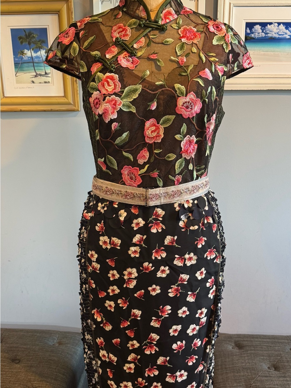 Anthropologie Floral Embroidered Black Mandarin Dress with Pink Rose Motif
